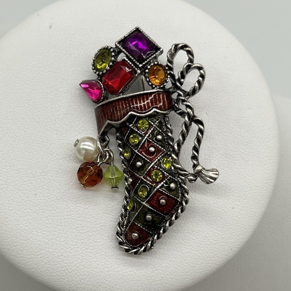 VTG Christmas Stocking Brooch Kenneth Cole Enamel Rhinestones Beads Signed - Picture 1 of 7